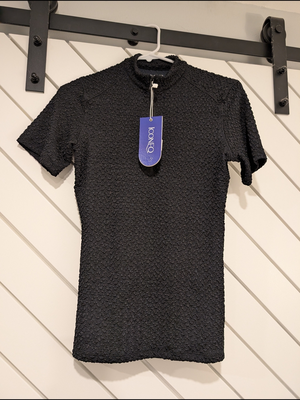 ICONEQ Black Textured Short Sleeve Zipper Equestrian Performance Shirt Top